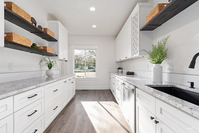 1910 W Campo Ln, Eagle, ID 83616 - kitchen featuring a sink, recessed lighting, stainless steel dishwasher, open shelves, and white cabinetry