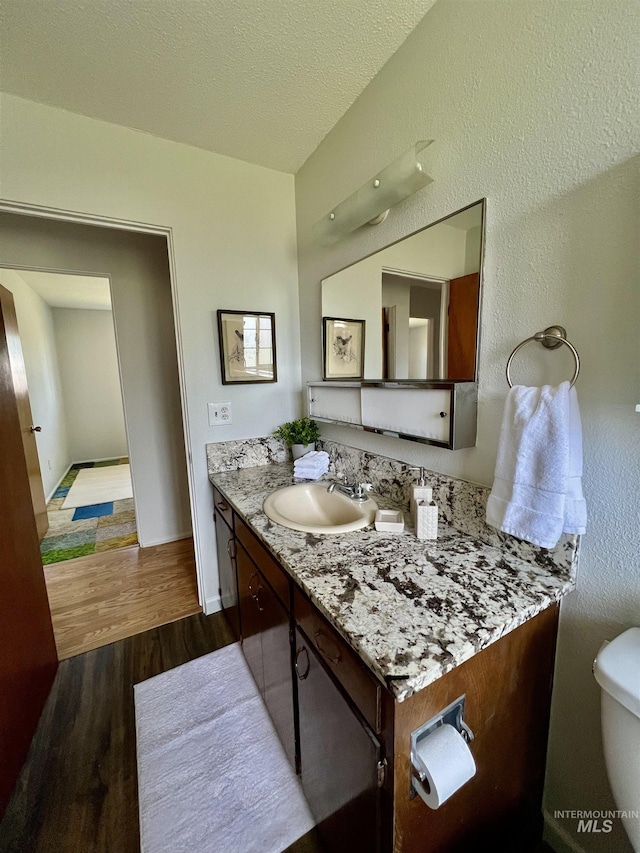 2025 10th Ave, Clarkston, WA 99403 - bathroom featuring vanity, toilet, a textured ceiling, and wood finished floors