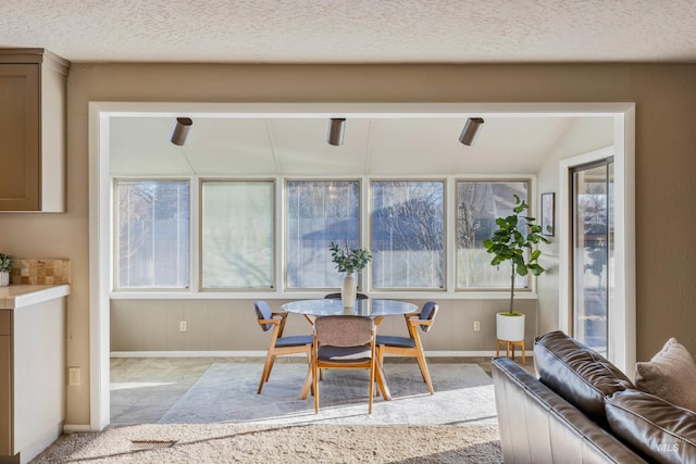 dining space featuring a textured ceiling, plenty of natural light, and baseboards