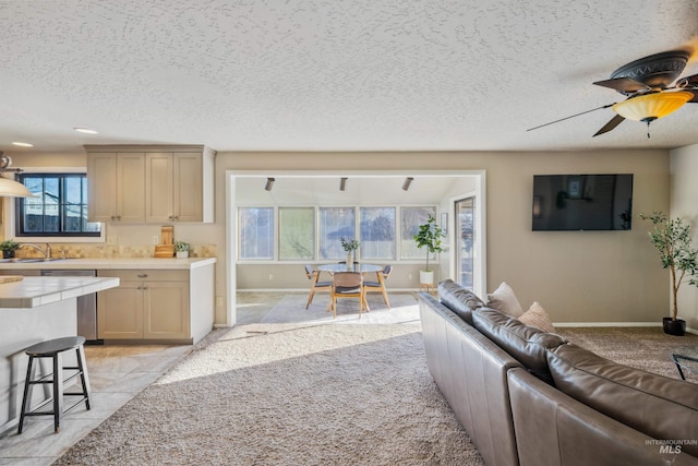 living area featuring baseboards, a textured ceiling, and light colored carpet