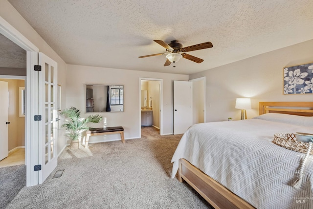 bedroom with baseboards, a ceiling fan, french doors, a textured ceiling, and carpet flooring