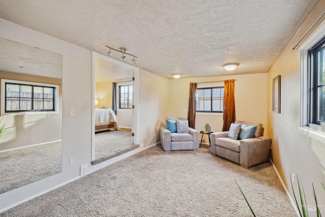 living area with plenty of natural light, a textured ceiling, and carpet flooring