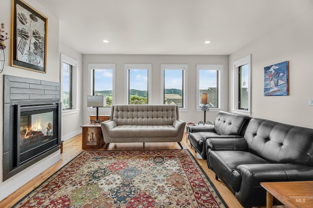 2809 Hampton Ct, Moscow, ID 83843 - living room featuring light wood-type flooring, a glass covered fireplace, recessed lighting, and baseboards