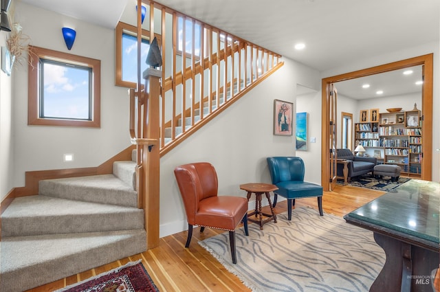 2809 Hampton Ct, Moscow, ID 83843 - stairway with hardwood / wood-style flooring, baseboards, and recessed lighting