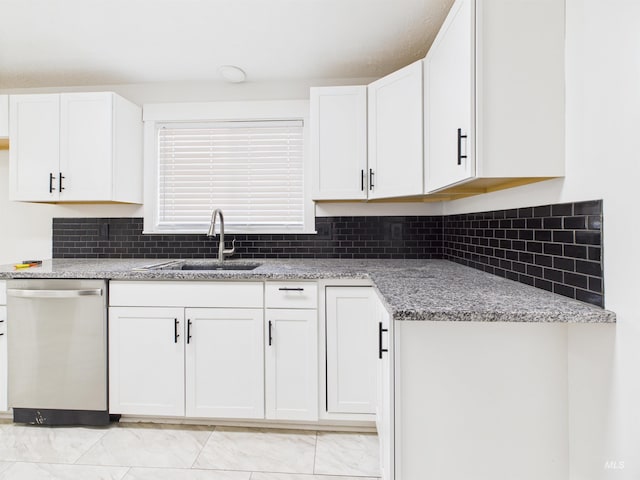 2101 Albion Ave, Burley, ID 83318 - kitchen with dishwasher, a sink, white cabinets, light stone countertops, and tasteful backsplash
