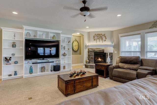 3214 S Arctic Fox Ave, Eagle, ID 83616 - living room with a ceiling fan, a fireplace, carpet, and recessed lighting