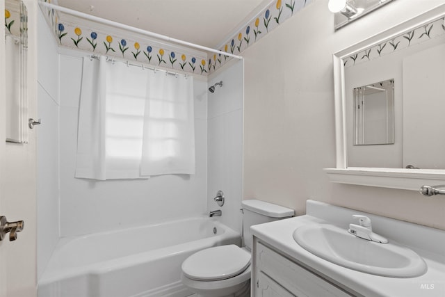 full bathroom with bathing tub / shower combination, vanity, and toilet