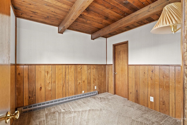 carpeted spare room featuring beam ceiling, a baseboard radiator, wainscoting, wood walls, and wooden ceiling