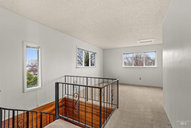 hall featuring carpet floors, a healthy amount of sunlight, a textured ceiling, and an upstairs landing