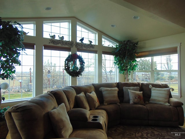 living room with lofted ceiling