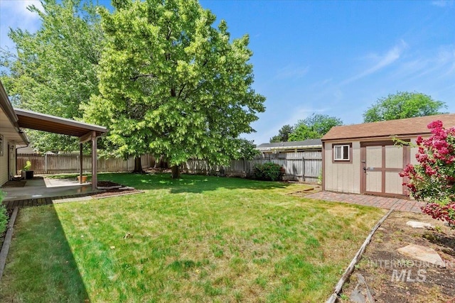 3493 N Buckboard Way, Boise, ID 83713 - fenced backyard with a storage unit and a patio