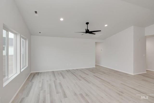 unfurnished room featuring visible vents, a ceiling fan, recessed lighting, light wood-style floors, and baseboards