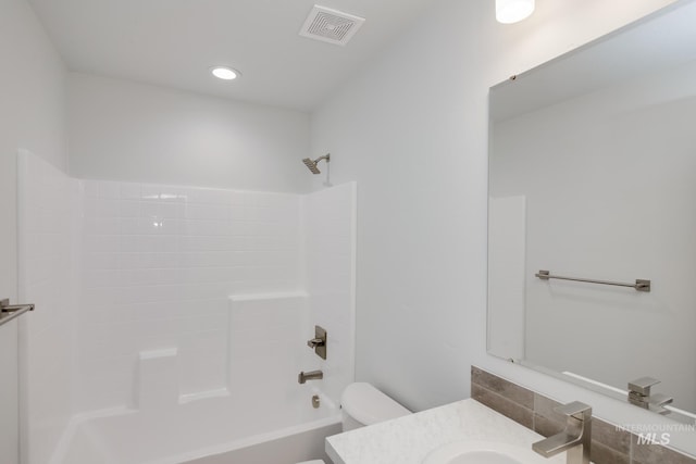 bathroom featuring visible vents, toilet, shower / bath combination, recessed lighting, and vanity