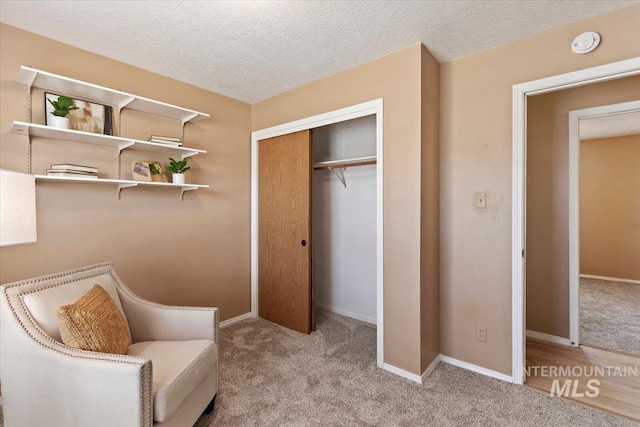 living area with light colored carpet and a textured ceiling