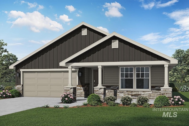 view of front of house with a porch, a garage, and a front lawn