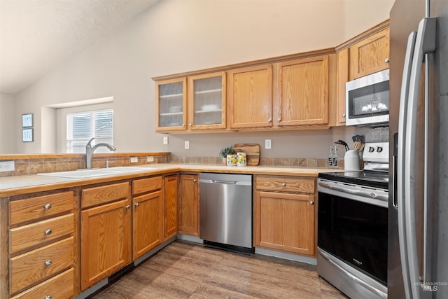 kitchen with lofted ceiling, a sink, light countertops, appliances with stainless steel finishes, and glass insert cabinets