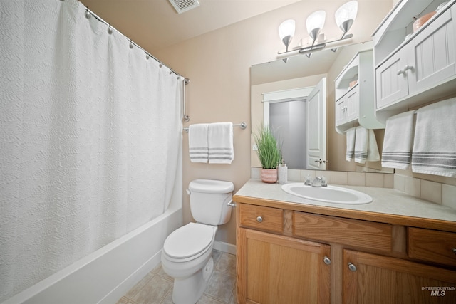 bathroom featuring visible vents, toilet, tile patterned flooring, shower / bathtub combination with curtain, and vanity