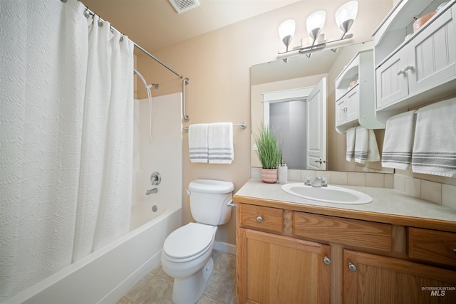 bathroom with shower / bath combination with curtain, visible vents, toilet, vanity, and tile patterned floors