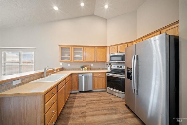 kitchen with high vaulted ceiling, stainless steel appliances, a sink, light wood finished floors, and glass insert cabinets