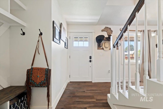 15916 Hill Top Cir, Wilder, ID 83676 - entrance foyer with dark wood finished floors and stairs