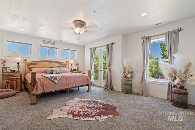 15916 Hill Top Cir, Wilder, ID 83676 - bedroom featuring access to outside, carpet, french doors, recessed lighting, and ceiling fan