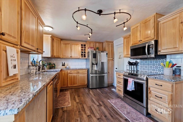 15916 Hill Top Cir, Wilder, ID 83676 - kitchen with stainless steel appliances, dark wood-style flooring, light stone countertops, and backsplash