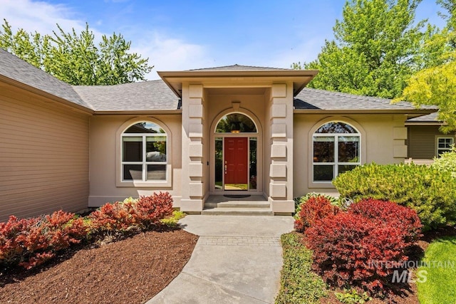 entrance to property with a shingled roof and stucco siding
