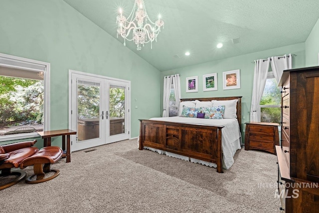 carpeted bedroom with access to outside, multiple windows, a chandelier, french doors, and recessed lighting