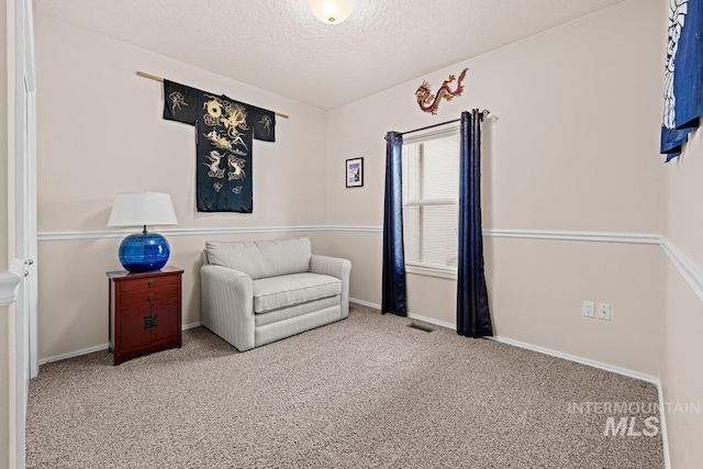 sitting room with a textured ceiling, carpet floors, and baseboards