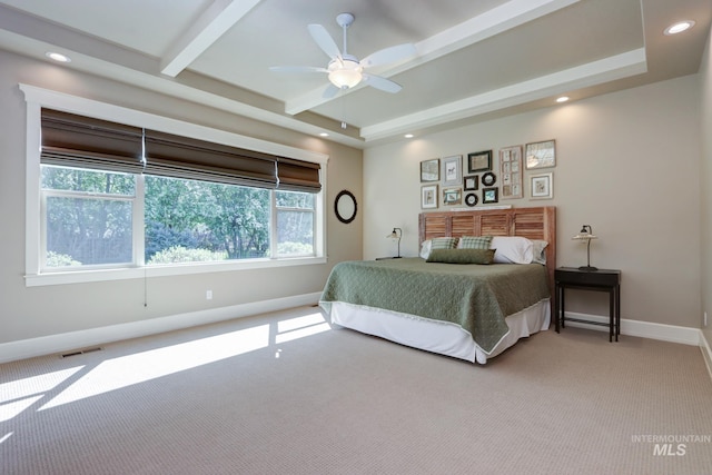 bedroom featuring baseboards, recessed lighting, visible vents, light colored carpet, and beamed ceiling