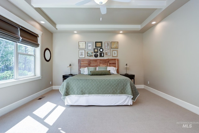carpeted bedroom with recessed lighting, visible vents, a ceiling fan, and baseboards