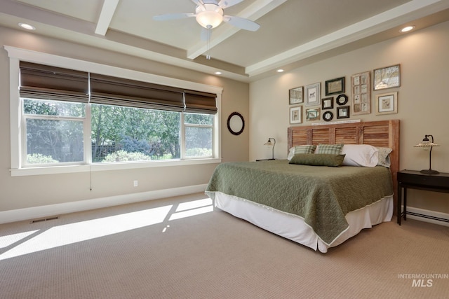 bedroom with recessed lighting, beam ceiling, carpet flooring, and visible vents