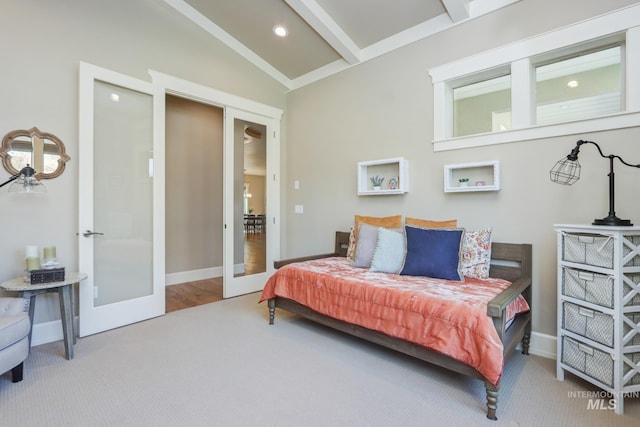 bedroom featuring recessed lighting, vaulted ceiling with beams, french doors, carpet floors, and baseboards