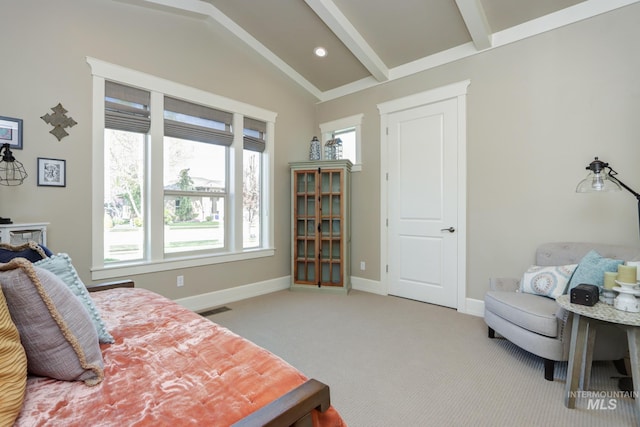 carpeted bedroom with baseboards, vaulted ceiling with beams, and visible vents