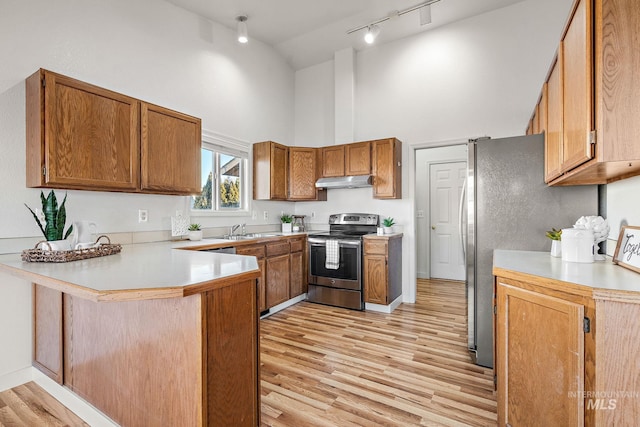 81 N Mirage St, Nampa, ID 83651 - kitchen featuring high vaulted ceiling, rail lighting, a peninsula, stainless steel range with electric stovetop, and under cabinet range hood