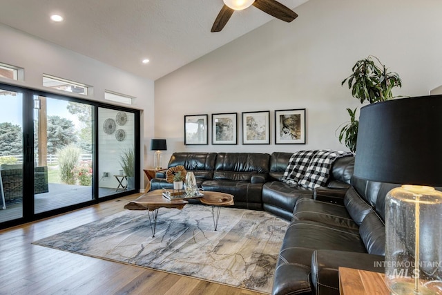 10551 W Deep Canyon Dr, Star, ID 83669 - living room with high vaulted ceiling, a ceiling fan, wood finished floors, and recessed lighting