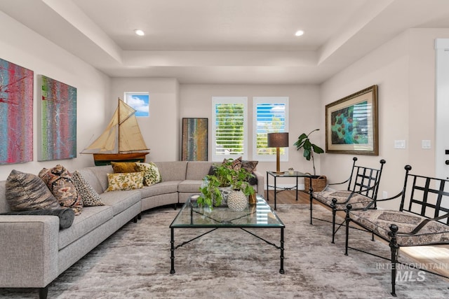 10179 Silversun St, Nampa, ID 83687 - living area featuring wood finished floors, a tray ceiling, and recessed lighting