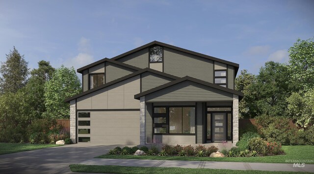 6851 N Valley Breeze Ave, Meridian, ID 83646 - modern home featuring driveway, fence, and a garage