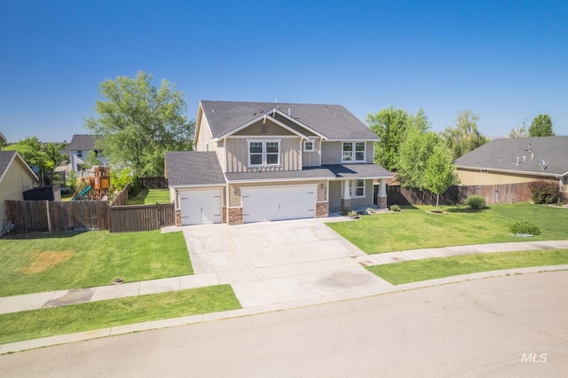 12476 W Kempshire Ct, Star, ID 83669 - craftsman-style home featuring board and batten siding, driveway, stone siding, a playground, and a garage
