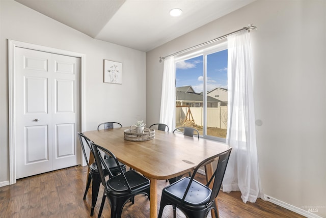 dining area featuring dark wood-style floors and baseboards