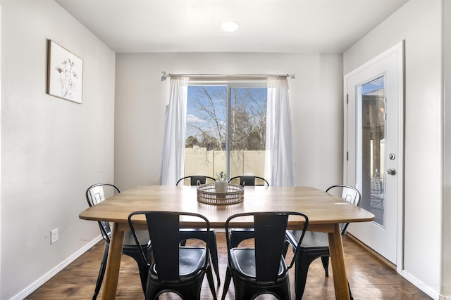 dining room with dark wood-type flooring and baseboards