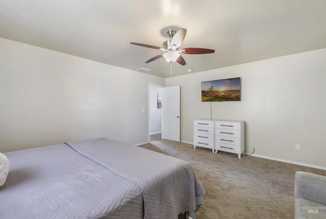 bedroom featuring visible vents, baseboards, carpet, and ceiling fan