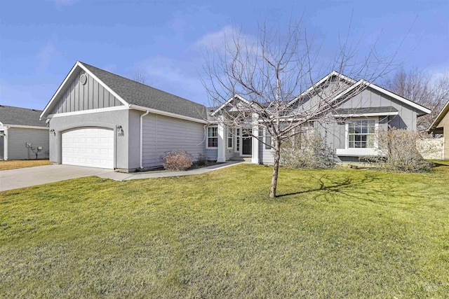 single story home with board and batten siding, a front lawn, roof with shingles, a garage, and driveway