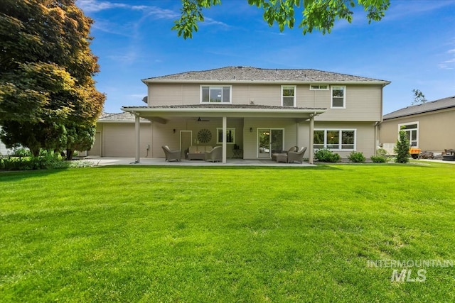 628 E Trinidad Dr, Meridian, ID 83642 - rear view of property with a patio area, ceiling fan, a yard, and outdoor lounge area