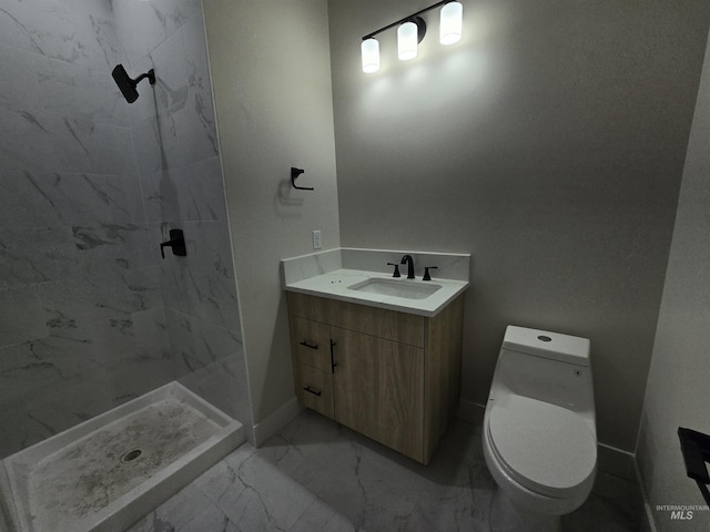 full bath featuring marble look tiles, a stall shower, toilet, baseboards, and vanity
