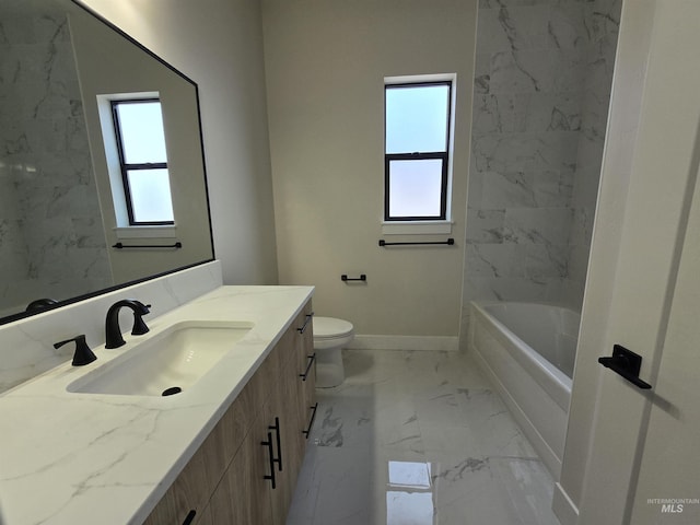 full bathroom with marble look tiles, baseboards, vanity, and toilet