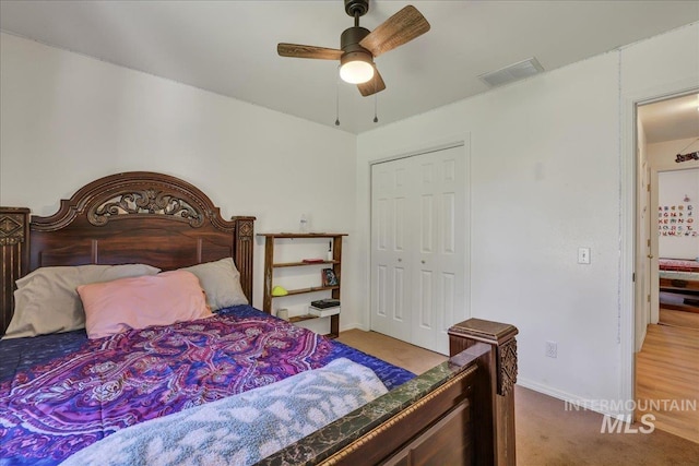 197 Cedarpark Cir, Twin Falls, ID 83301 - bedroom featuring carpet flooring, baseboards, a closet, and a ceiling fan