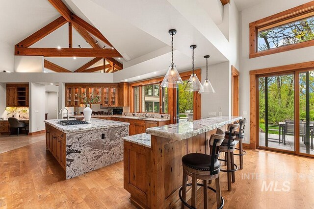 1040 W Bogus Vw, Eagle, ID 83616 - kitchen featuring stainless steel appliances, brown cabinetry, a large island with sink, high vaulted ceiling, and glass insert cabinets