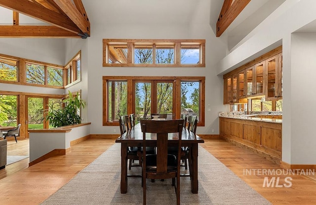1040 W Bogus Vw, Eagle, ID 83616 - dining room featuring plenty of natural light, baseboards, a towering ceiling, and beamed ceiling