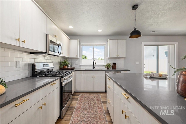4849 N Willowside Ave, Meridian, ID 83646 - kitchen with appliances with stainless steel finishes, dark countertops, a textured ceiling, a sink, and dark wood-style floors